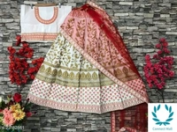 Beautiful Semi Stitched  lehenga Choli - Free Size, White, Red, Satain Dupatta Fabric : Net, Embroidered, Multipack :1